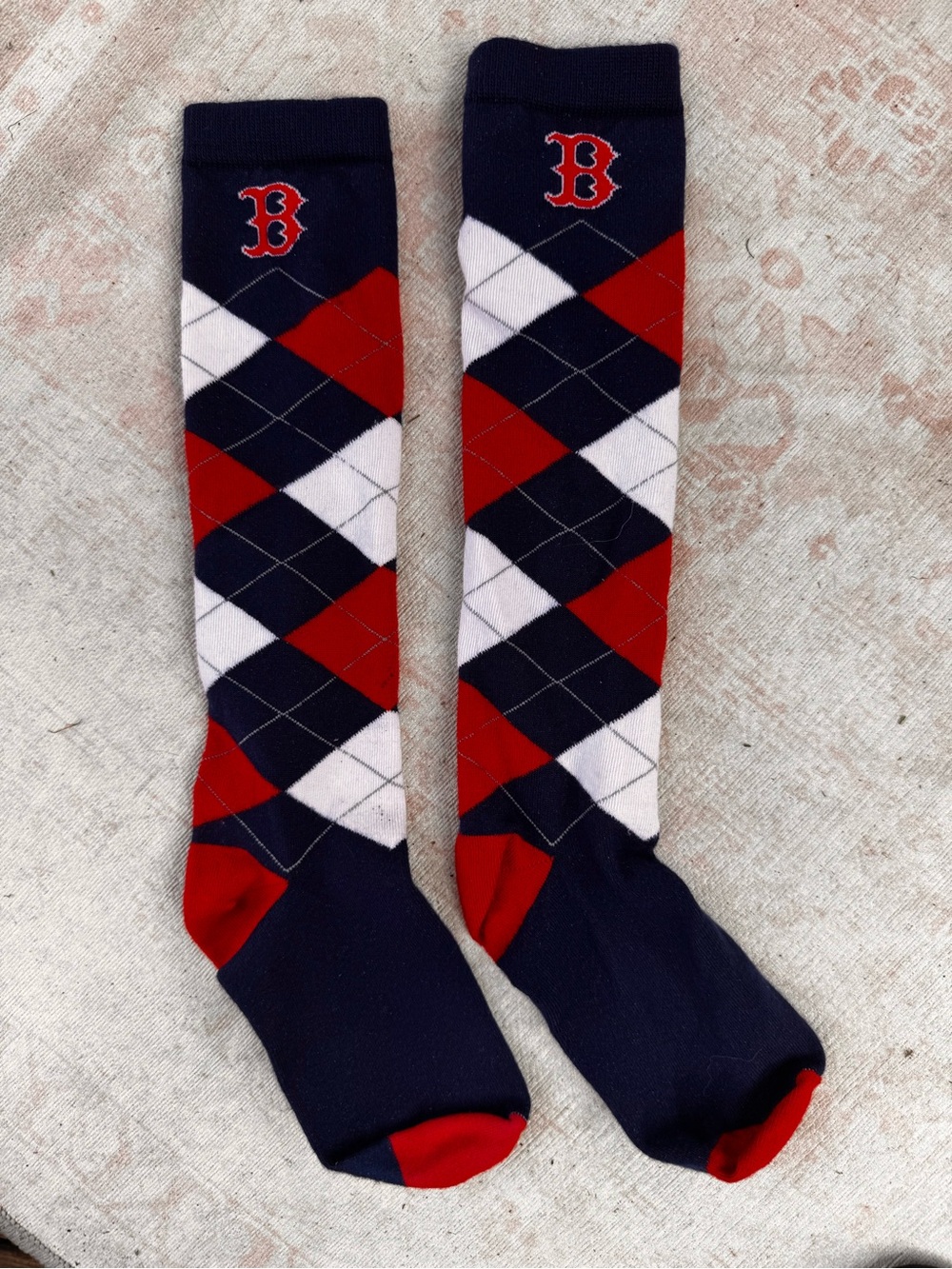 Boston-Style Argyle Knee-High Socks in Navy, Red, and White